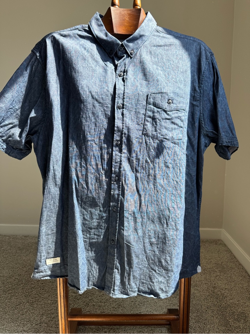 7 Diamonds Blue Chambray Button Down Shirt Men’s XXL Short Sleeve Cotton Stretch